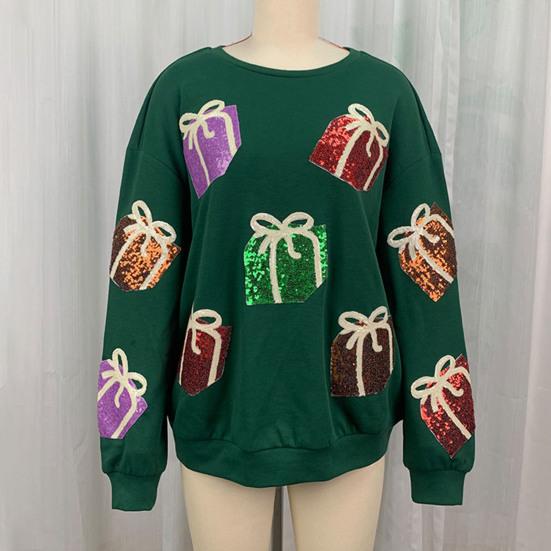 Women Christmas Sweatshirt Sequin Gift Box Pattern Colorful Round Neck Long Sleeve Loose Mid Length Pullover Party Holiday Top