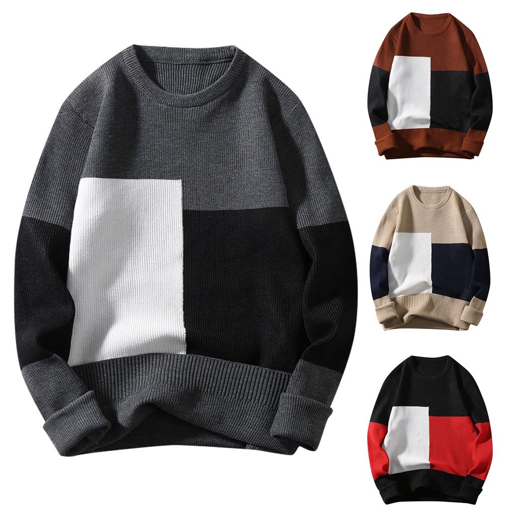 Fashion Casual Long Sleeve Color Contrast Round Neck Men'S Sweater Loose Pullover