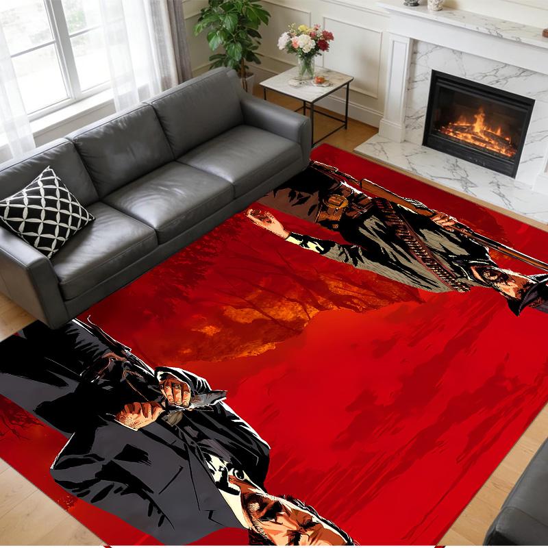 Anti‑Slip Crystal Velvet Floor Rug, Red Dead Redemption Design Carpet for Indoor Living Bedroom Home Decoration