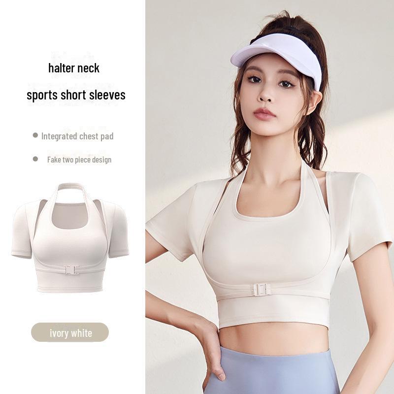 Juyitang Women's Halter Neck Tight Yoga Short-Sleeve Fitness Suit