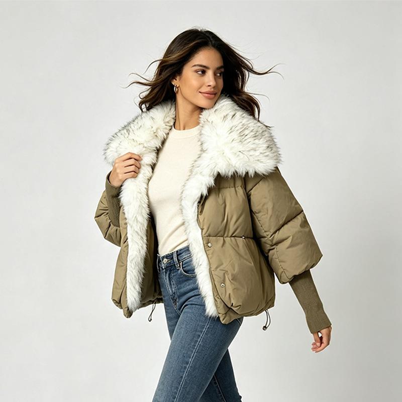 European station short cotton-padded women's white pointed big fur collar splicing autumn and winter new cotton-padded jacket loose and fluffy cotton