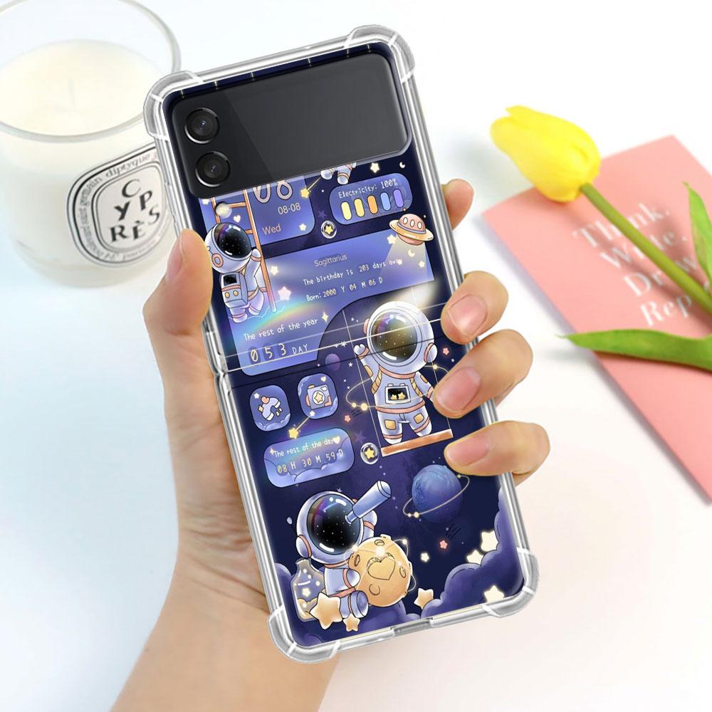Luxury Case For Samsung Galaxy Z Flip 3 4 5G Funda Z Flip3 Clear PC Hard Shockproof Back Phone Coque Shell Astronaut Universe