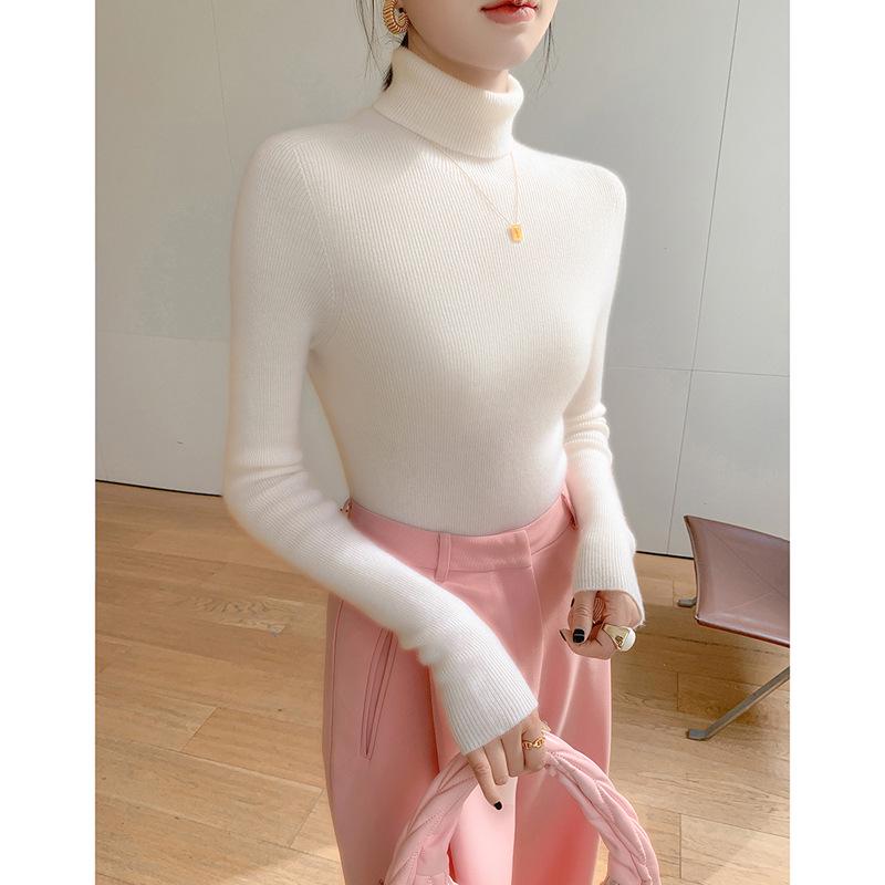 Women's High Neck Slim Fit Cashmere Sweater - Seamless Knit, Thin Base Layer for Autumn/Winter