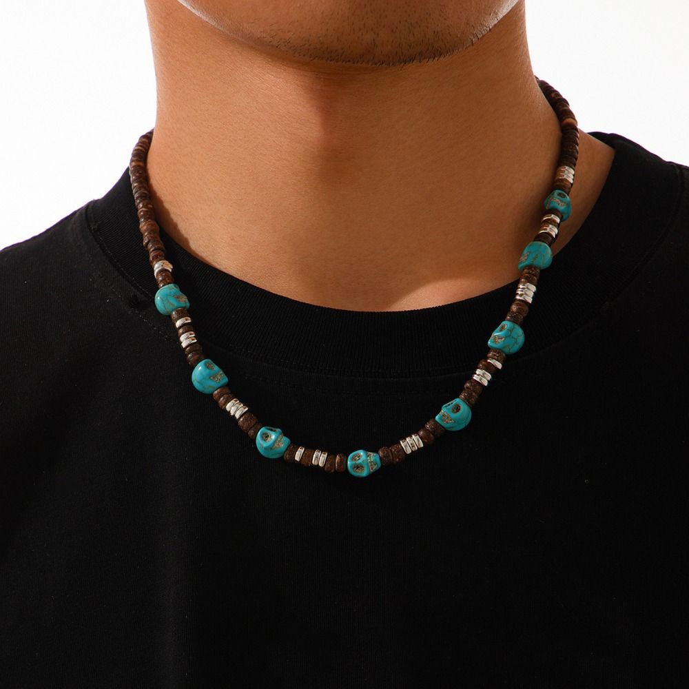 Gothic Skull Beaded Necklace Boho Wooden Choker Vintage Coconut Shell Necklace Party