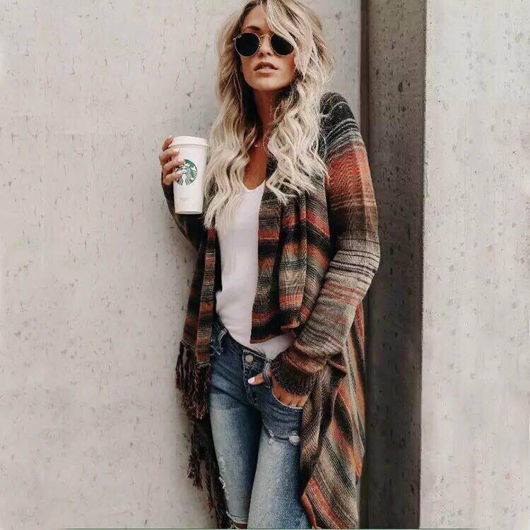 European & American Mid-length Slim Fit Fashion Tassel Stripe Cardigan Sweater for Women
