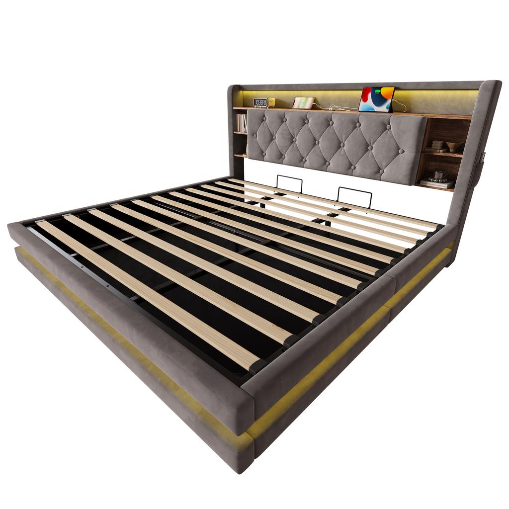 180 × 200 cm Upholstered Bed with Storage, Velvet Bed with Multifunctional Headboard, LED Lighting, 2 USB & Type-C Port, Hydraulic, Dark Gray