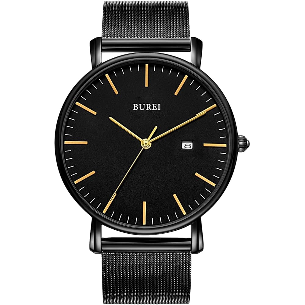 BUREI Men's Analog Watch Black Gold Waterproof Simple Business Milanese Mesh Strap