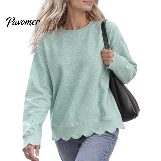Daily Wear Sweatshirt Women Crewneck with Scalloped Hem, Solid Color Long Sleeve Autumn Top Hem Pullover Top, Drop Shoulder Casual Blouse for