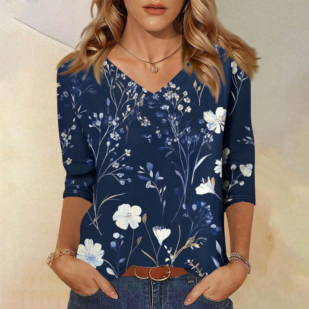 Женские топы, рубашка с рукавом три четверти, свободная повседневная рубашка с V-образным вырезом, футболка с цветочным принтом