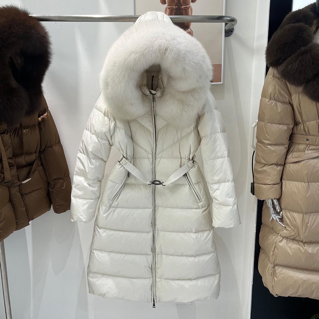 Winter new fox big fur collar hooded down jacket women's long knee fashion waist thin thickened coat
