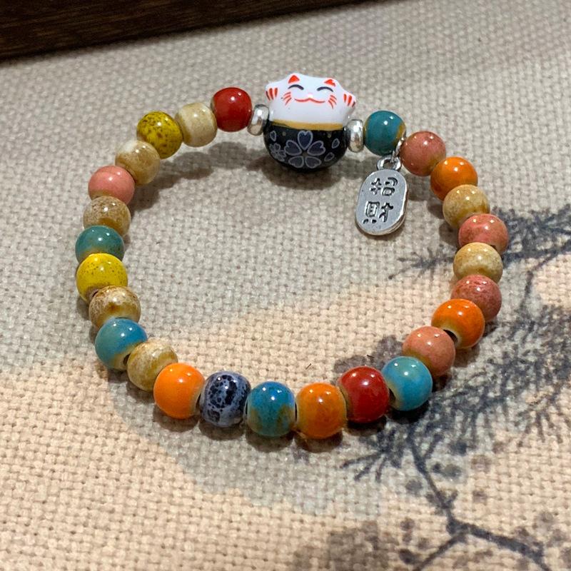 Милый мультяшный браслет с изображением счастливого кота для женщин и девочек, цветные эластичные браслеты с бусинами, керамические браслеты с подвесками в виде кота, ювелирные изделия, подарки