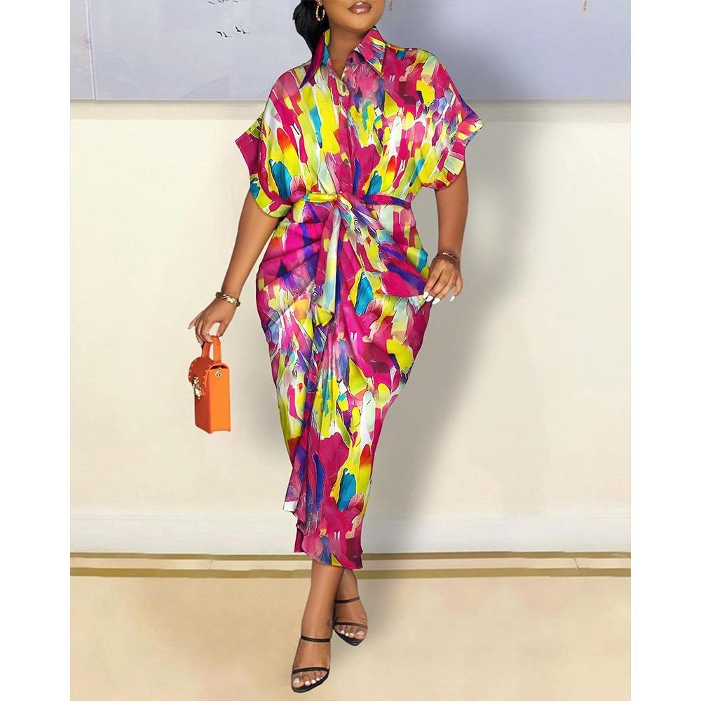 IHUASU Autumn Long Sleeve V-neck Button-up Print Shirt Dress Long Skirt Women