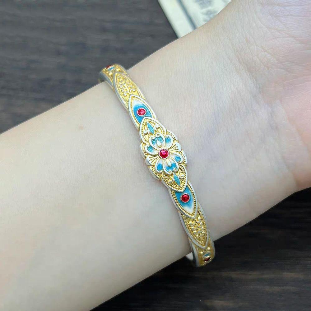 Цветок Эмаль Лотос Ручной Браслет Ручные Украшения Ретро Открывающееся Ручное Кольцо Студент