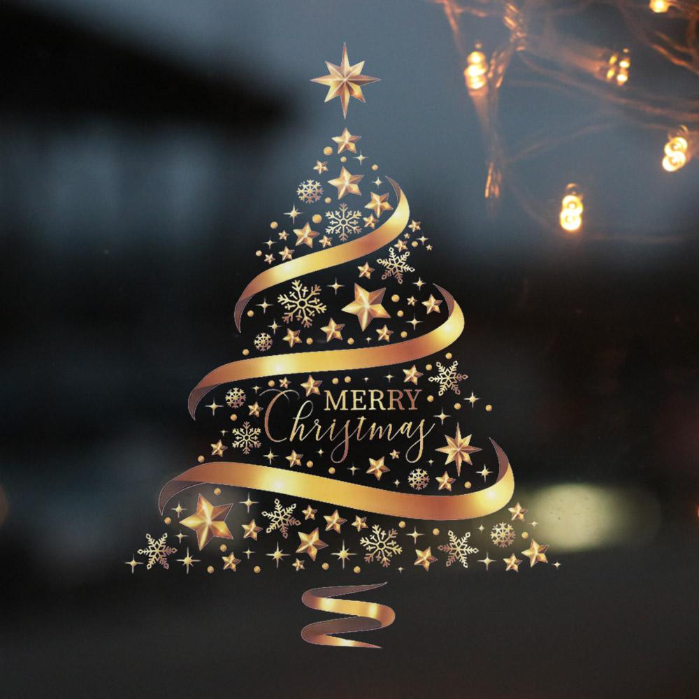 Золотые наклейки на окна в виде рождественской елки, креативный декор, настенная роспись, украшение для дома, обои, подарок