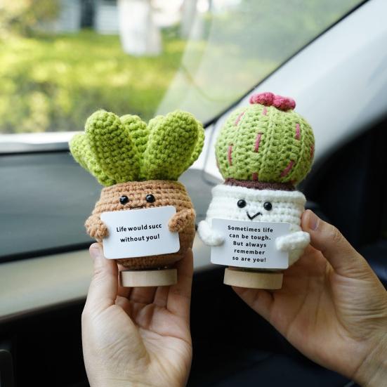 Positive Crochet Ball Cactus with Encouraging Card Emotional Support Handmade Knitting Potted Succulent Doll Toy Decoration Ornament