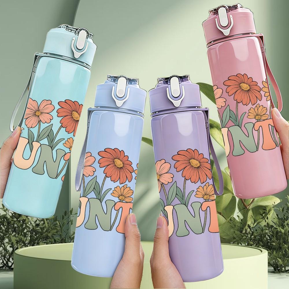1PC Auntie Wildflower Letter Art 750ml Color Plastic Sports Water Bottle Leakproof Flip Straw Lid Suitable for Sports Office Home Use