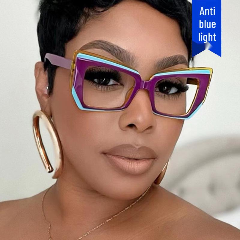 Retro Color-blocking Cat-eye Polygon Anti-Blue Light Women's Eyeglass Frame with Flat Lenses