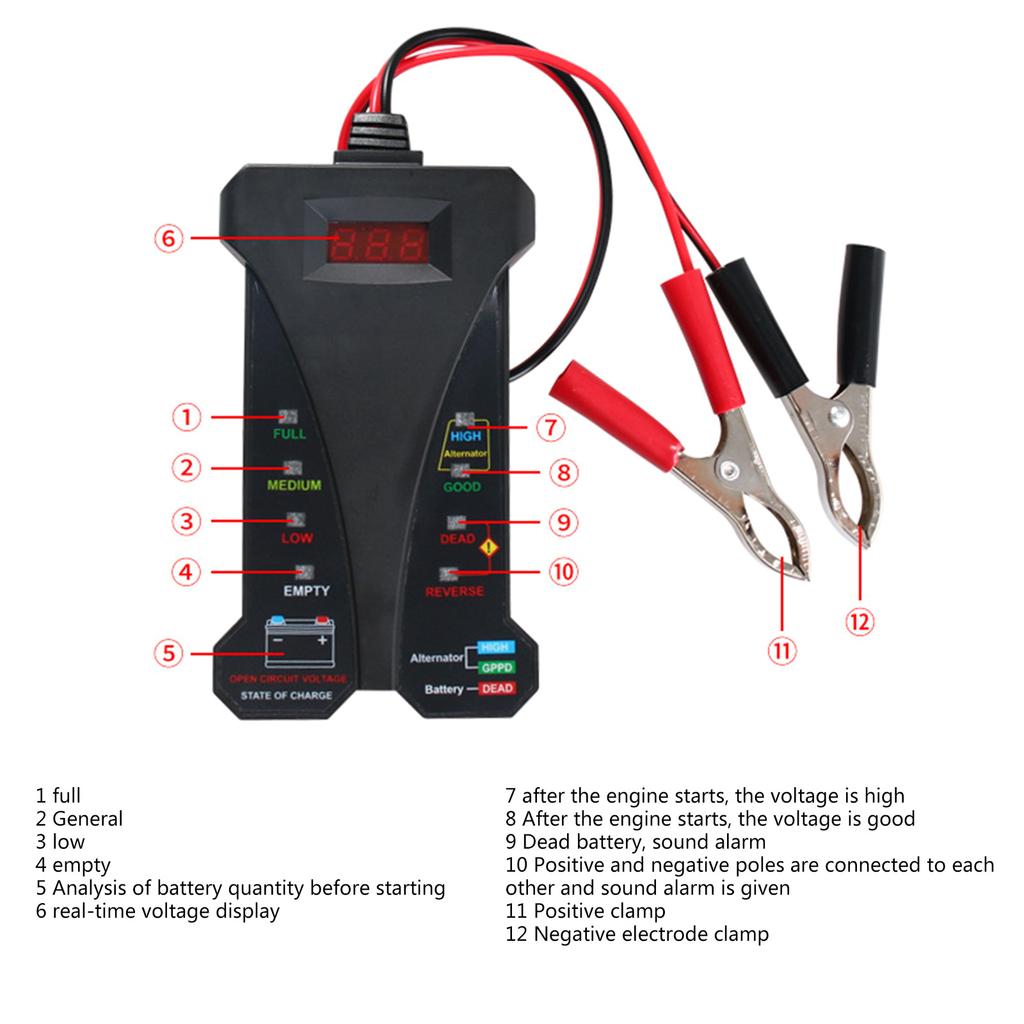 Digital Battery Detectors Reliable Alternator Tester LCD Display LED Indicator Batter Meter for Car & Quick Readout