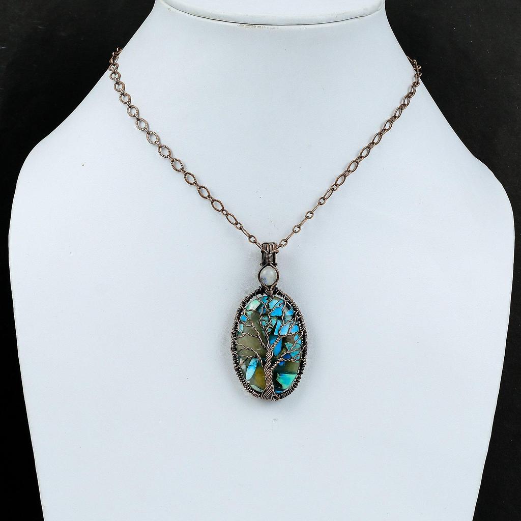 Дерево жизни Медный голубой бирюзовый кулон Медная проволока обернутый кулон Драгоценный камень ювелирные изделия Лунный камень кулон для подарка Медные украшения ручной работы