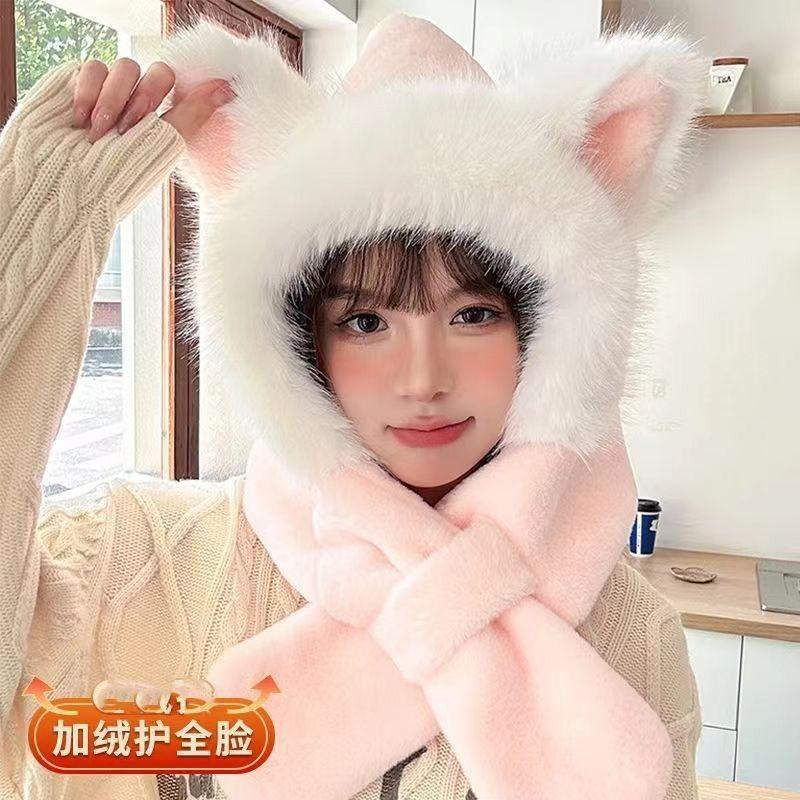1 шт. шапка-шарф из лисьего меха, цельный женский зимний шарф с капюшоном, симпатичная защита ушей, велосипедная холодная шапка, теплая и ветрозащитная