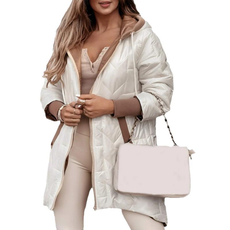 Стеганая хлопковая куртка с капюшоном свободного кроя, Осень/Зима 2025 - Однотонная, с длинным рукавом и застежкой-молнией