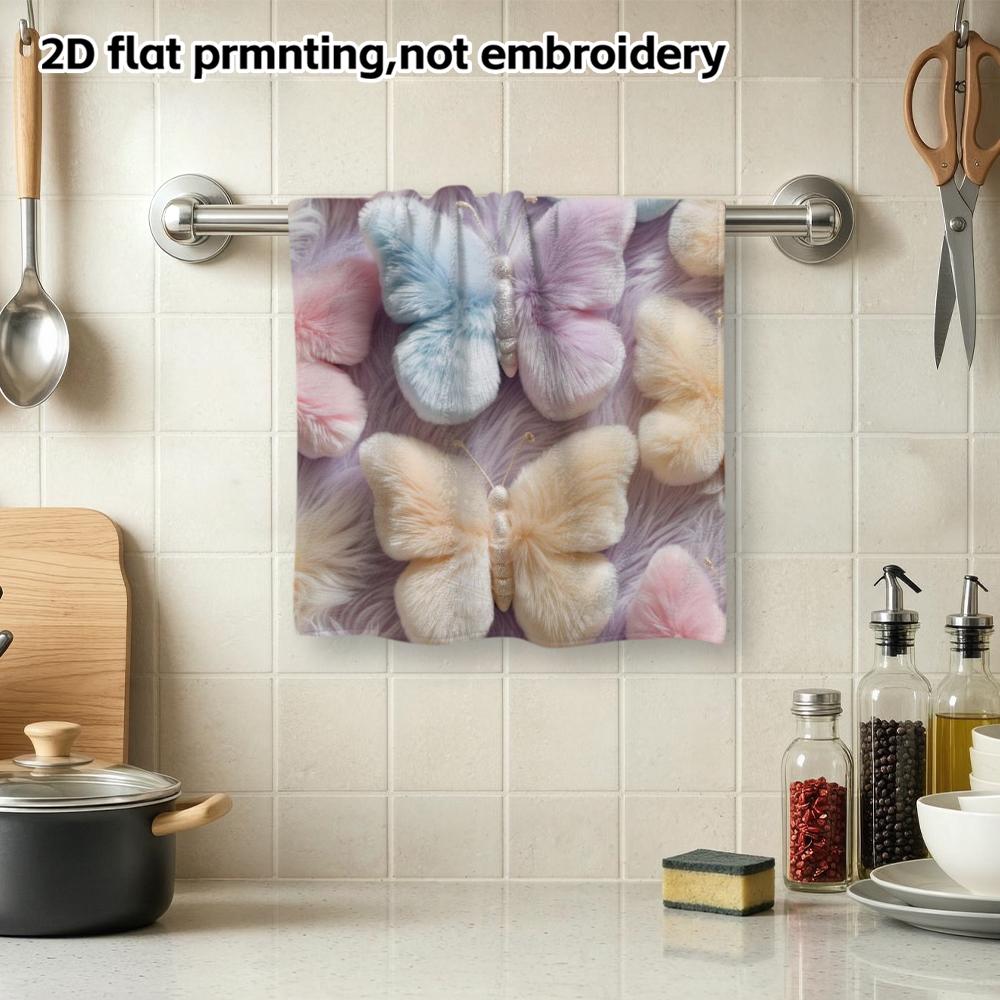 Fluffy Absorbent Shower Towel, Pastel Furry Butterfly Pattern, Sweet Decorative Face Towel