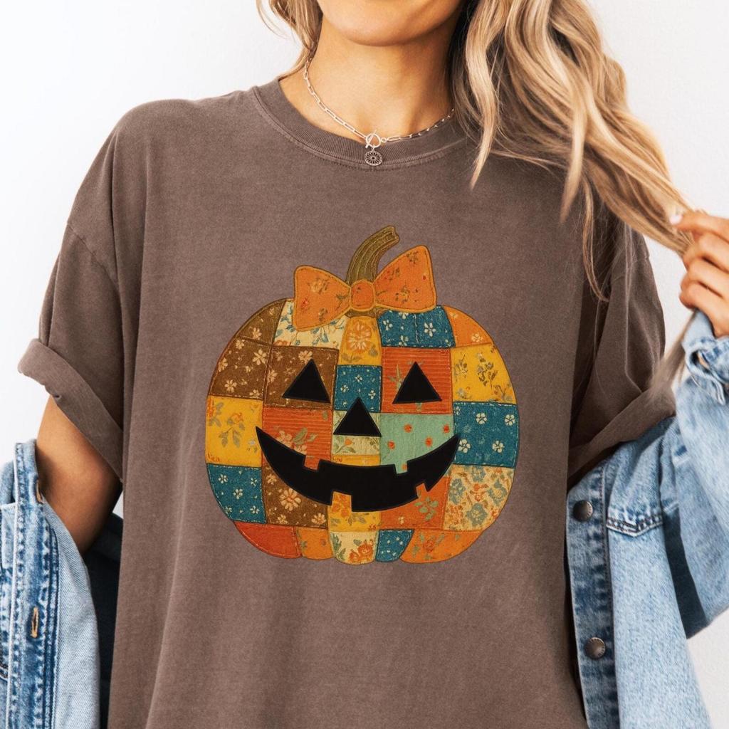 ComfortColors®Retro Patchwork Halloween Pumpkin Shirt,Halloween Pumpkin Shirt,Spooky Season Shirt,Halloween Cute Women Outfit,Halloween Gift
