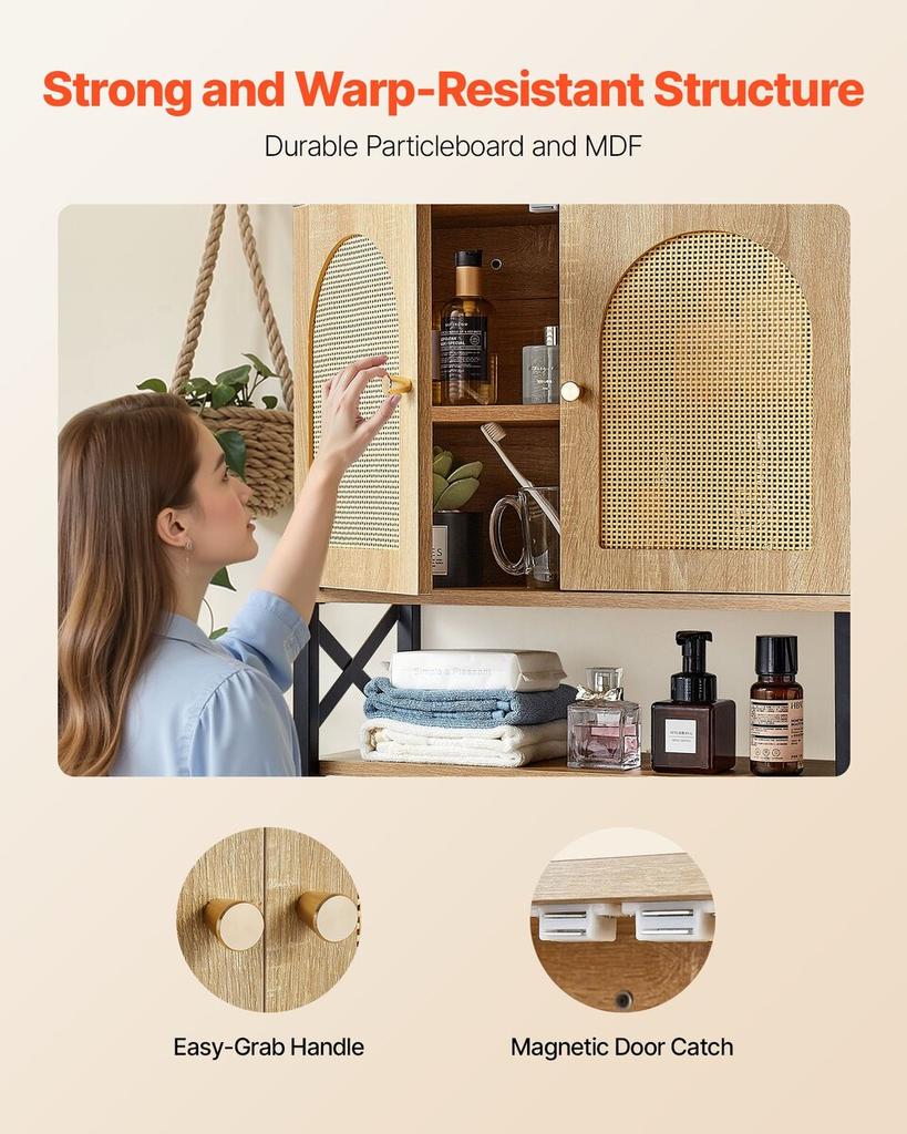 Bathroom Wall Cabinet, with 2 Doors and Adjustable Shelf, Over the Toilet Storage Medicine Cabinet Wall Mounted, Hanging Organizer with Shelves & Open