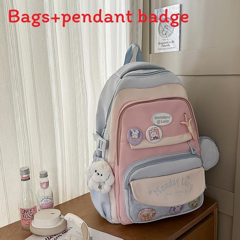 Simple Color Blocked Letter Pattern Student Backpack With Badge Pendant And