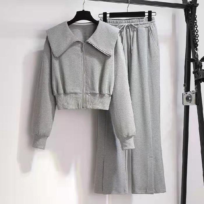 Женский комплект из двух предметов: Куртка с длинными рукавами и широкие брюки с высокой талией — идеальный вариант для повседневной моды на весну/осень