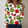 Women's Fashion Casual V-Neck Long Sleeve Decorative Button Christmas Print Top