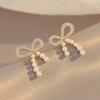 Trendy Sweet Cute Pearl Bow Sterling Silver S925 Stud Earrings Female Niche High Sense