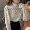 Autumn and Winter New High-neck Lace Bottoming Shirt Women's Brushed Plaid Hollow Sexy Slim Long-sleeved Top Blouse Women