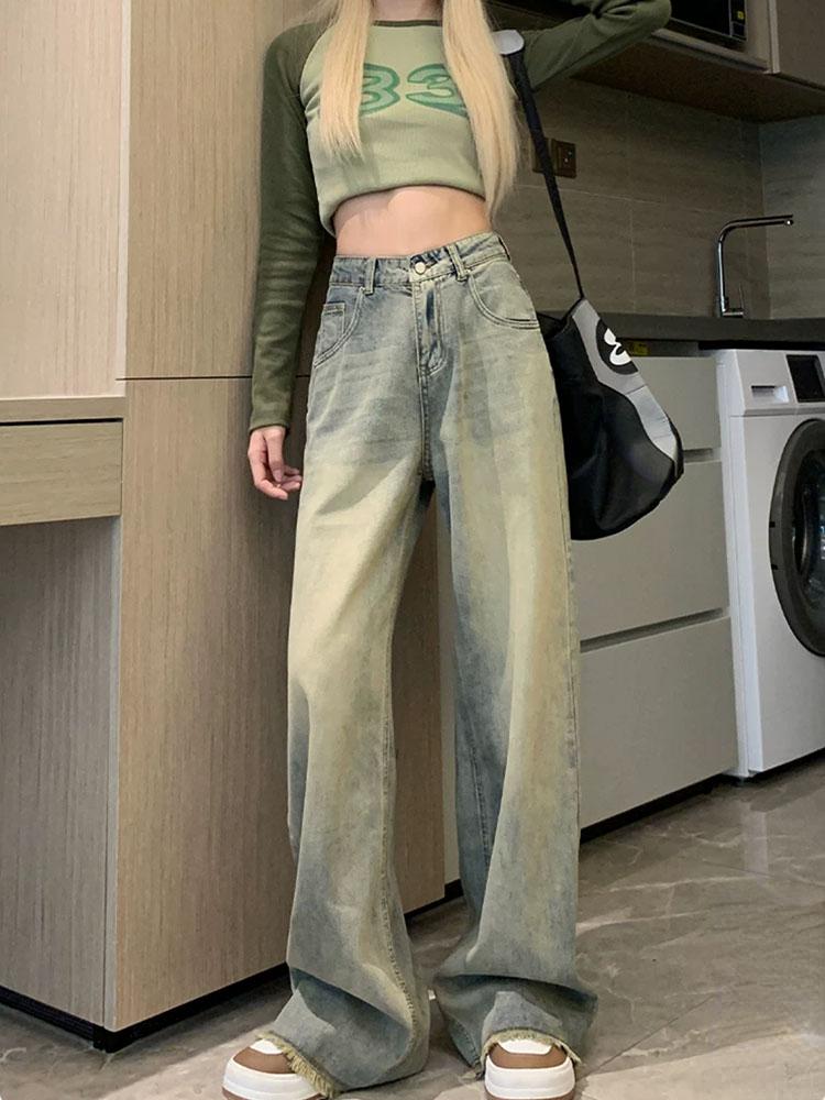 Y2K Vintage Streetwear Denim Trousers Woman Korean Fashion High Waist Straight Jeans Female Spring Elegant 2000s Casual Baggy Pants