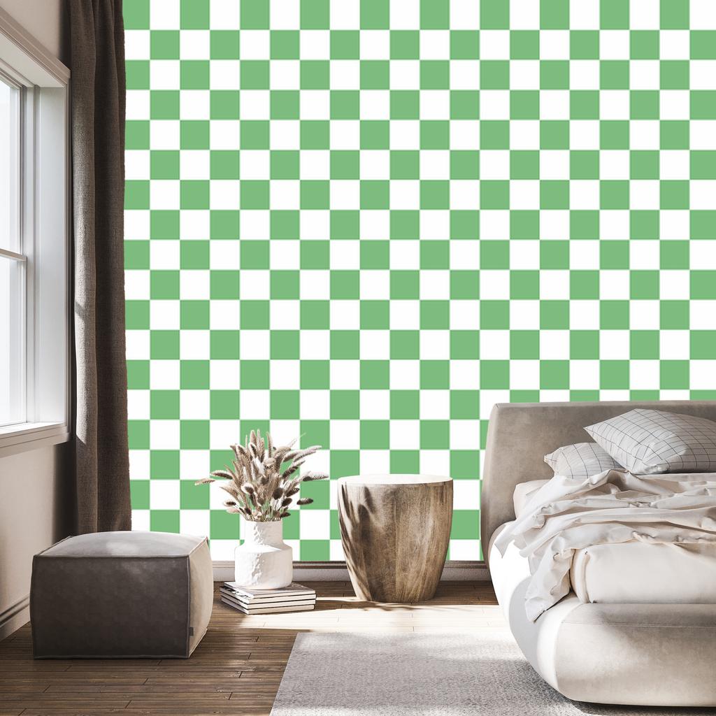 Checkerboard Wallpaper White, Green and Mint for Living Room and Bedroom 50x1000