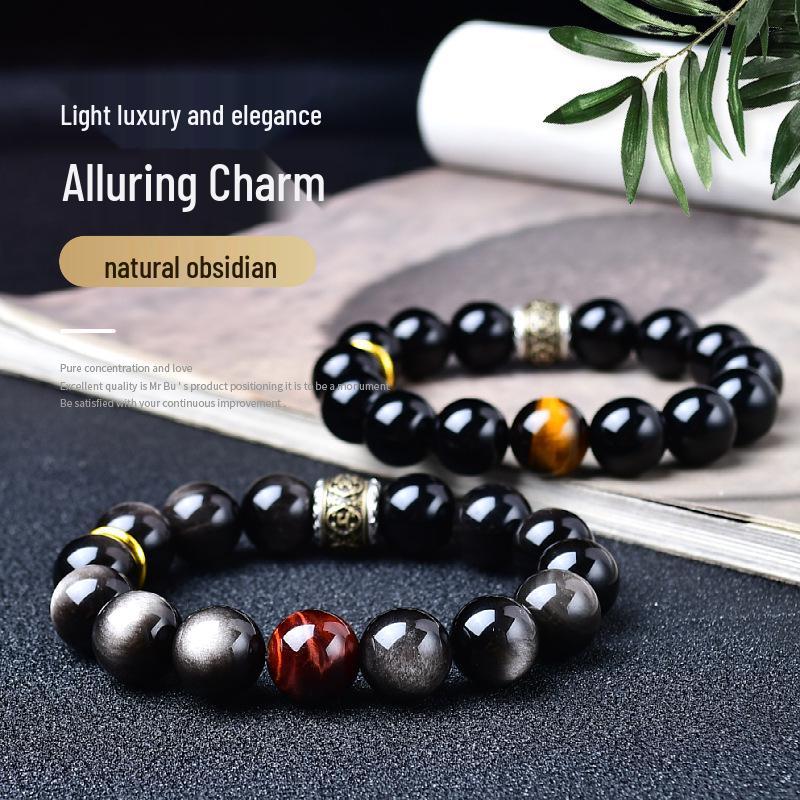 Мужской ретро браслет из бусин серебристого обсидиана