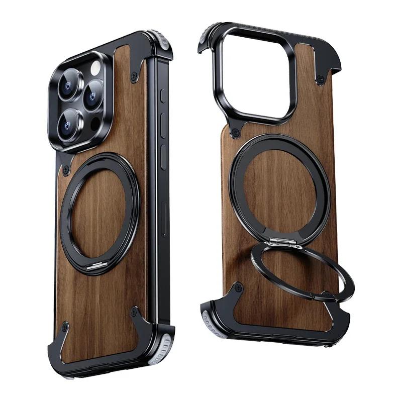 360 ° Rotating Ring Stand Phone Case For iPhone 16 15 14 Pro Max Magsafe Magnetic Stand Walnut Metal Frameless Protective Cover