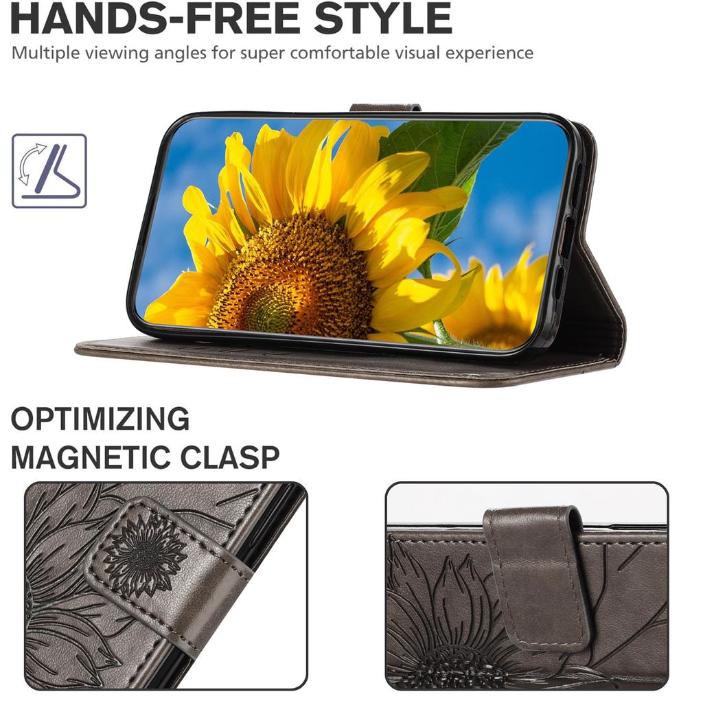 Защитный чехол из искусственной кожи с тиснением подсолнуха, держатель для магнитных карт, подставка, ремешок на запястье, флип-чехол для Vivo Y21 Y33S Y02S Y16 Y35 Y22S Y76