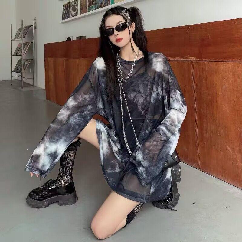 Большие размеры Женские футболки с длинным рукавом Солнцезащитные топы Свободные повседневные летние сетчатые футболки с принтом тай-дай Женская одежда больших размеров