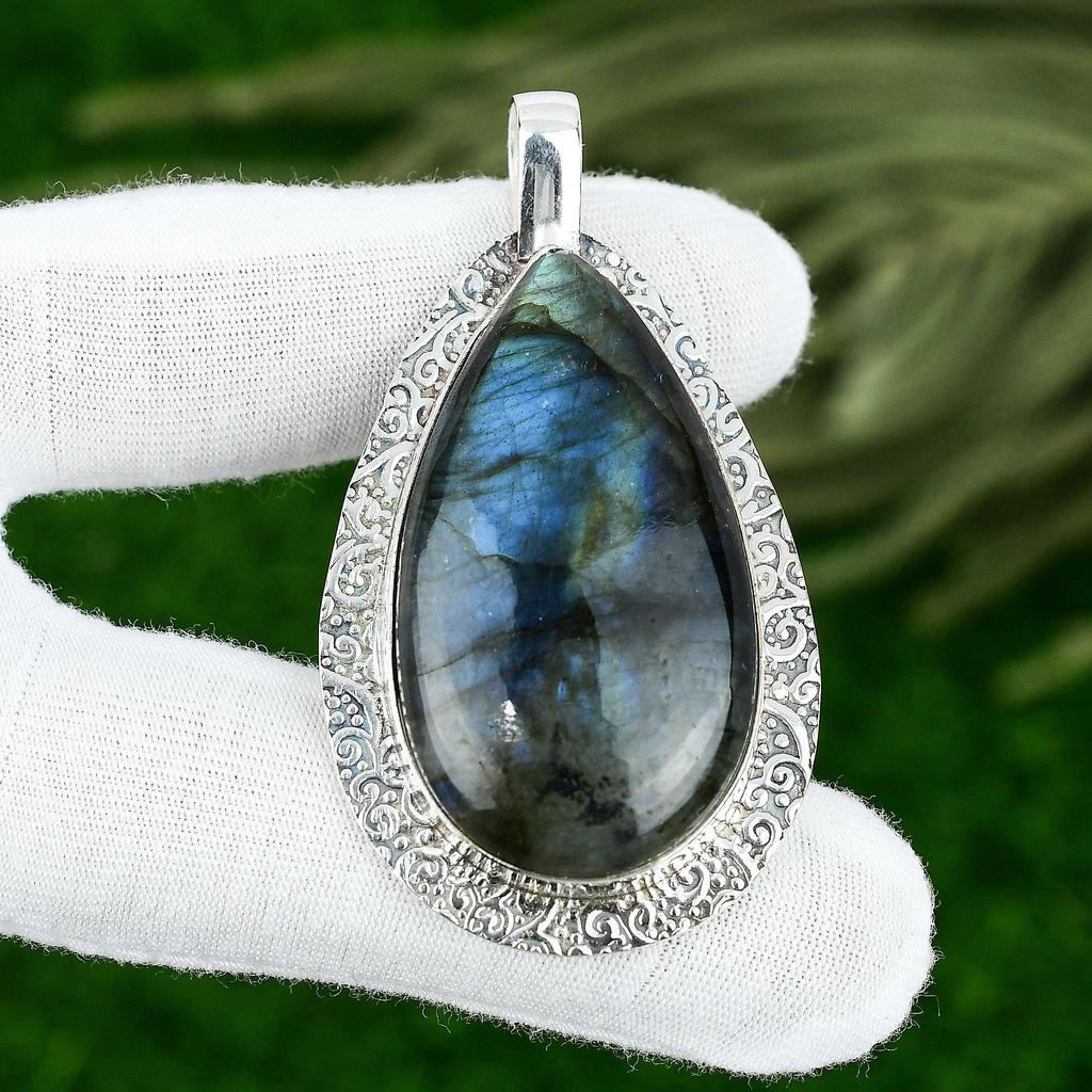 Подвеска из натурального лабрадорита серого цвета, серебро 925 пробы, индийские украшения