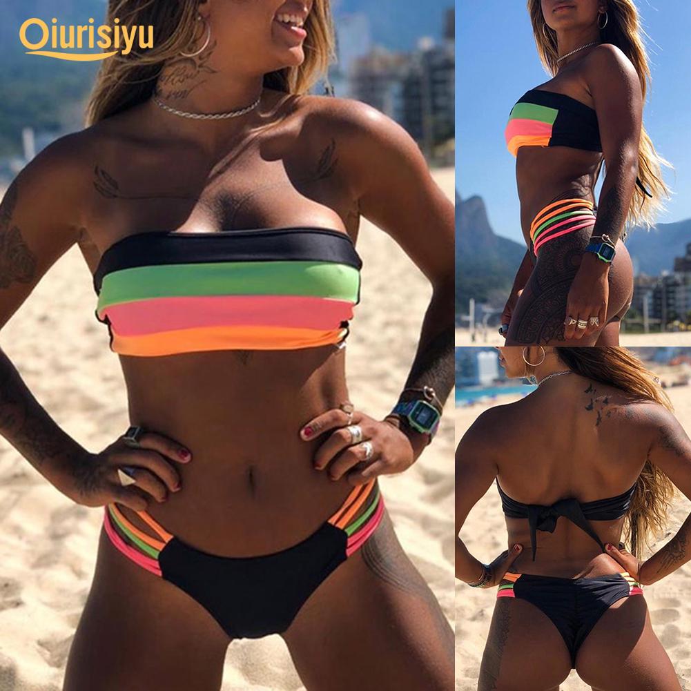 Женский комплект бикини без бретелек с мягкой подкладкой и полосками в стиле пэчворк