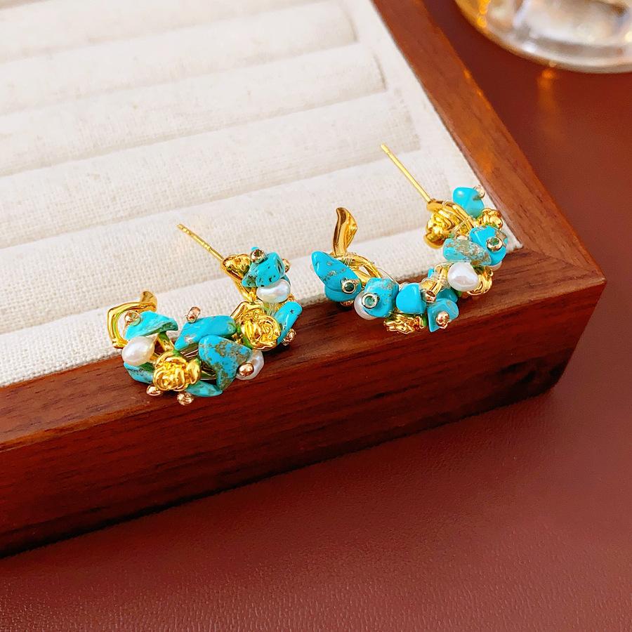 Silver Needle with Diamonds Flower Stripes Pearl Stud Earrings Medieval Vintage Retro Earrings Light Luxury Niche Earrings