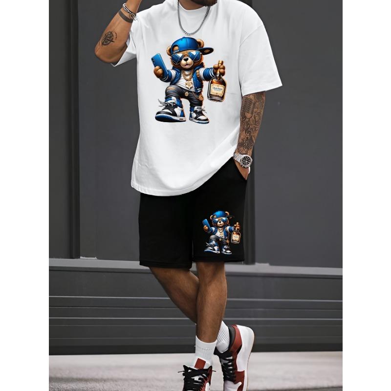 3D Cartoon Teddy Bear Print Men's T-shirt Shorts Set, Summer Casual Everyday Men's Short-sleeved Outdoor Street Men's Shorts