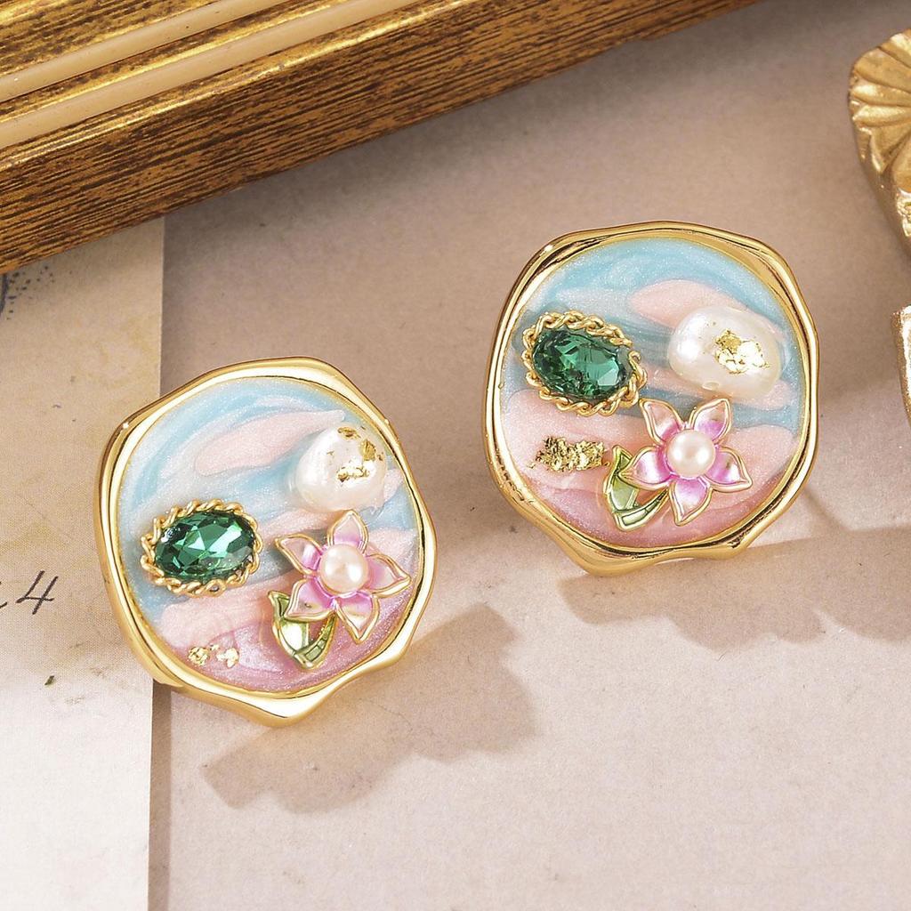 Винтажные серьги-пусеты из барочного жемчуга: Ретро Живопись Маслом и Женские Украшения в Новом Китайском Стиле