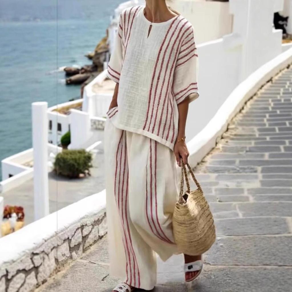 Женский комплект из топа с короткими рукавами и брюк широкого кроя в черную полоску из смесового льна для летнего отпуска