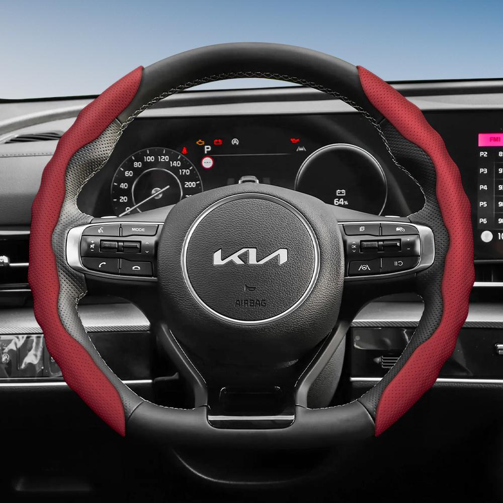 Подходит для чехла на руль Kia с волнистым спортивным дизайном, дышащая кожа, сегментированный противоскользящий, впитывающий пот защитный чехол