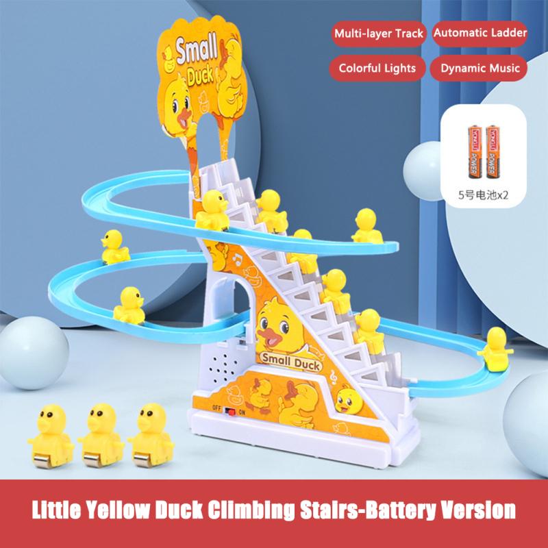 Little Yellow Duck Climb Stairs Toy Electric Track Slide Stairs Roller Coaster Toy With Led Lights