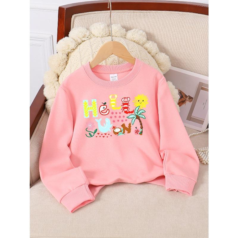 European sizes Girls Soft Crewneck Sweatshirt Hello Summer Beach Print Pattern, Casual All-Match for Fall Winter, Ideal Holiday Present.