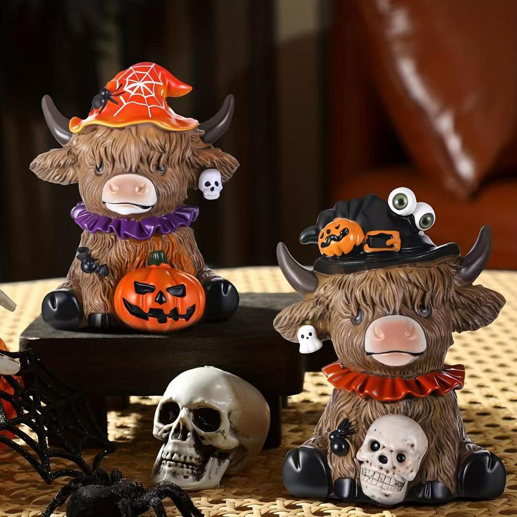 Halloween Highland Cow Holding Skull Pumpkin Resin Statue Festives Home Table Decors Ornament Resin Miniature Sculpture