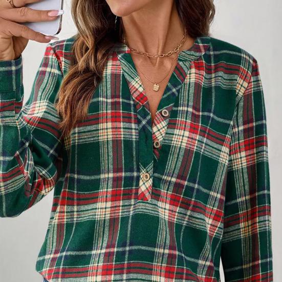 Женская рубашка с V-образным вырезом, на пуговицах, с полупланкой, длинным рукавом, пуловер, клетчатый узор, повседневная, обычного кроя, офисная